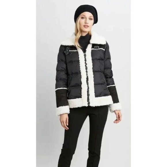 Tahari Black Selena Faux Shearling Trim Jacket Coat Size L Outdoor Winter Fall - Picture 1 of 14